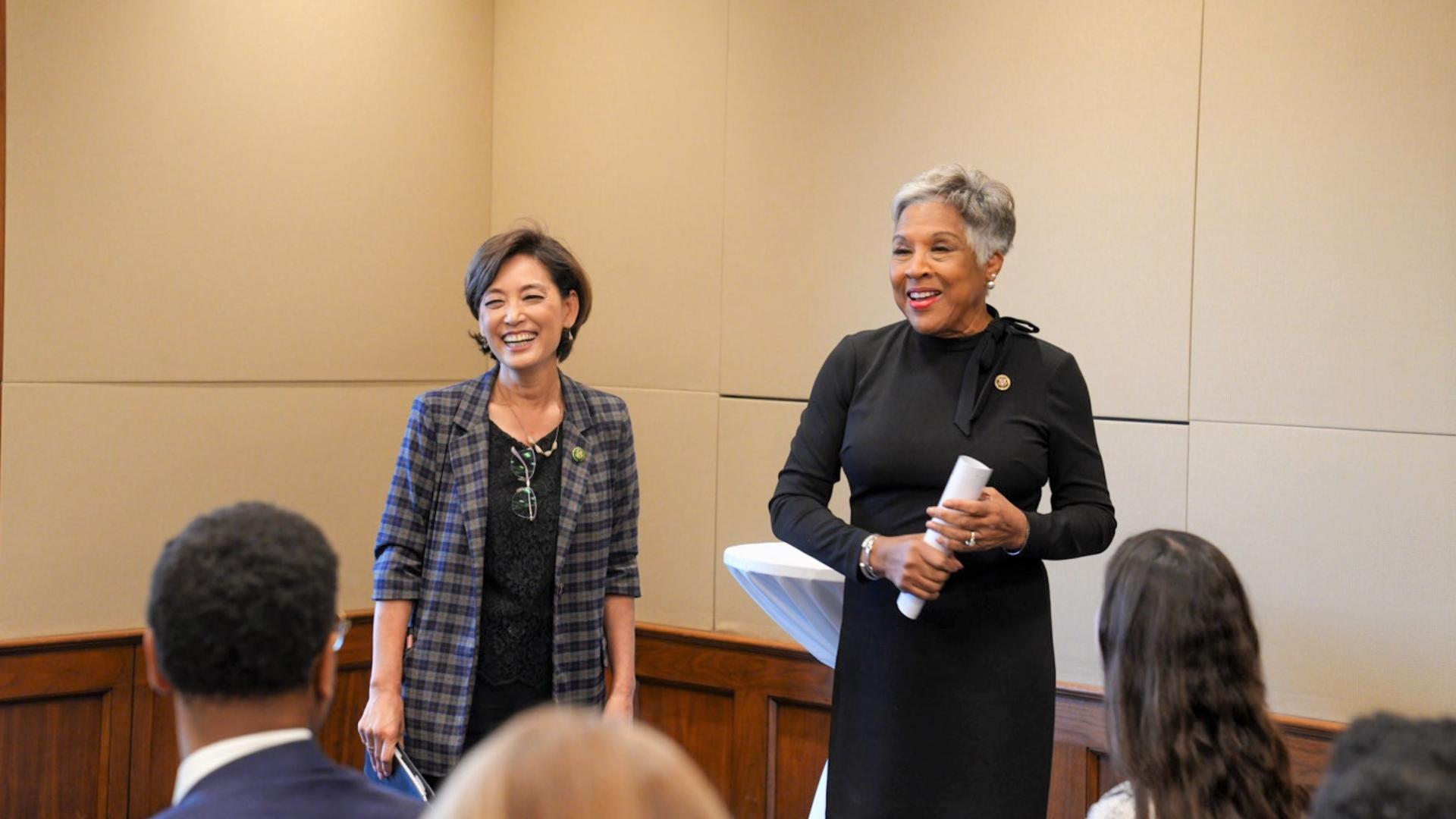 Reps. Kim and Beatty speaking to briefing attendees