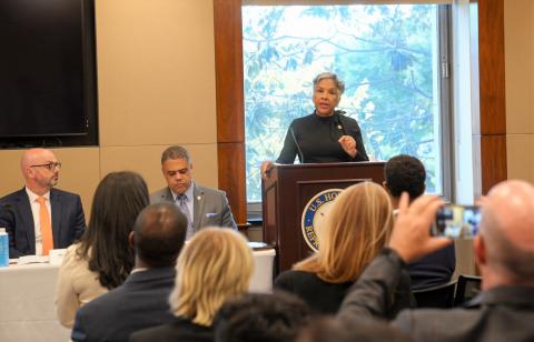 Rep. Beatty delivers opening remarks at the Caucus briefing.