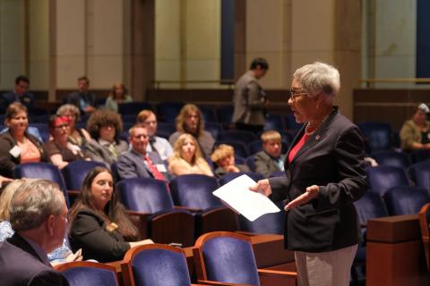 Rep. Beatty speaks to students in the Capitol auditorium.